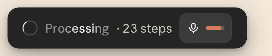 После Done панель показывает Processing